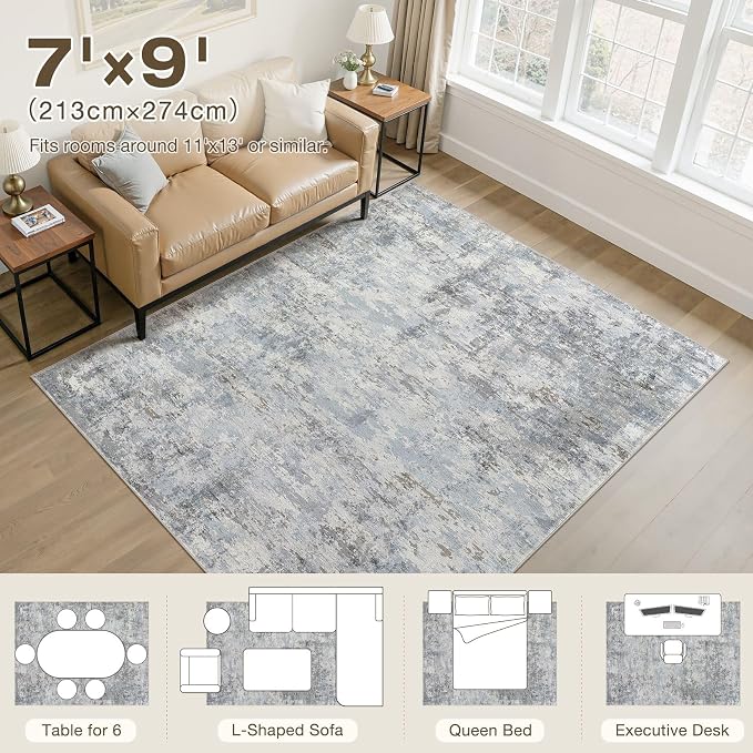 7x9 Area Rug, Non Slip Low Pile Washable Large Rug for Living Room | Soft Modern Abstract Carpet, Stain Resistant Kid & Pet Friendly, Made for Dining Room, Nursery Home Office Indoor - Blue Gray