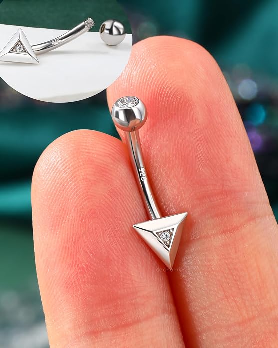 COCHARM 14K Gold Plated925 Sterling Silver Belly Button Ring Gold Filled Triangle Belly Navel Ring Cute 14g Unique Belly Piercing Jewelry For Women Men Mini Belly Bar Nickel Free