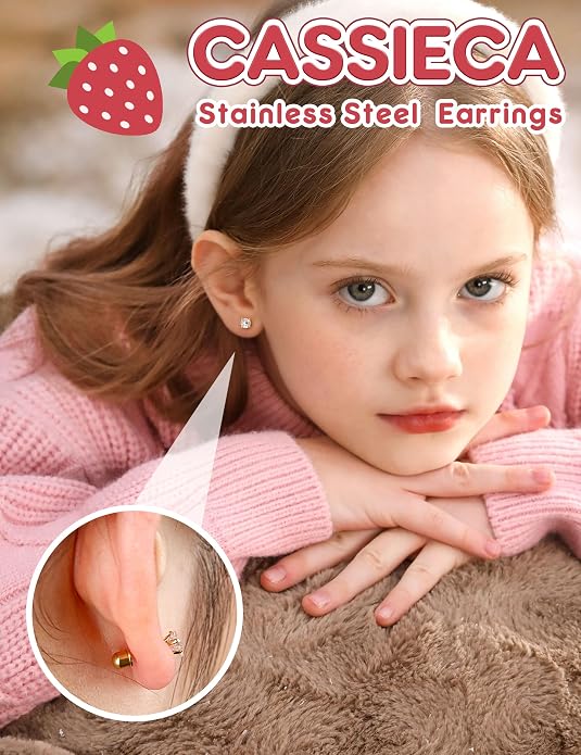 CASSIECA Hypoallergenic Earrings for Girls Kids Women Screw Back Surgical Stainless Steel CZ Heart Stud for Sensitive Ears Cute Jewelry Gift 20G