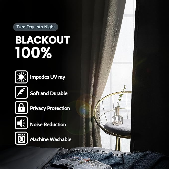 SimpleHome Stone 100% Blackout Curtains Room Darkening Living Room 63 Inch | Curtains for Bedroom,Thermal Insulated Grommet Window Drapes,Curtains for Living Room with Black Back,52 x 63 Inch,2 Panels