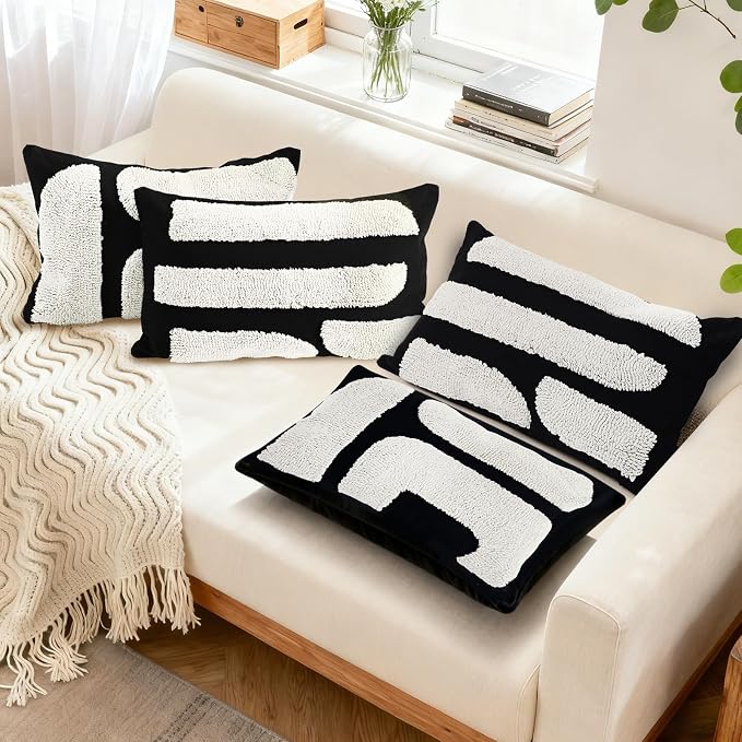 LandIdyll 4 Pcs Black and Cream Chunky Tufted Pillow Covers 12 x 20 Inch Boho Black and White Throw Pillow Covers Set Decorative Modern Abstract Geometric Pillowcase for Living Room Bed Couch Sofa