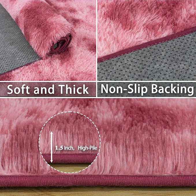 Dssimo 8x10 Area Rugs for Living Room, Pink Tie-Dyed Plush Fluffy Carpet | Upgrade Non-Slip Thick Large Rose Shag Rugs for Nursery Kids Room Dorm Room Home Decor, Indoor Plush Floor Carpet