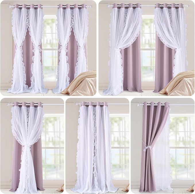 PONY DANCE 100% Blackout Curtains for Girl's Bedroom, Double Layer Grommet Curtain 84 inch Long with Sheer Overlay for Living Room, Nursery Kids Toddler Room Decor, Dusty Rose, 52" W x 84" L, 2 Panels