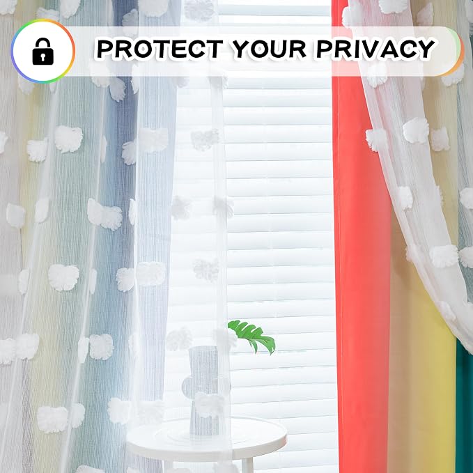 MYSKY HOME Pom Pom Sheer and Blackout Curtains Double Layer 72 Inches Long Kids Curtain for Girls Bedroom Son Room Ombre Room Darkening Window Drapes Back Tab Rainbow 52 x 72 in 2 Panels
