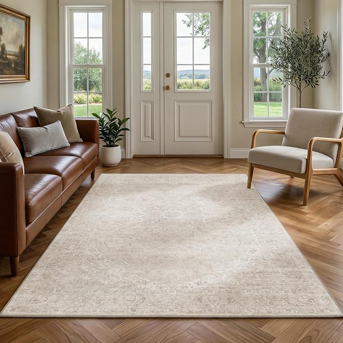 FMFUNCTEX 4x6 Washable Area Rug Beige Vintage Neutral Distressed Non Slip Low Pile Floral Retro Indoor Carpet for Entryway Entrance Thin Soft Rug Living Room Bedroom Kitchen Office Desk Laundry