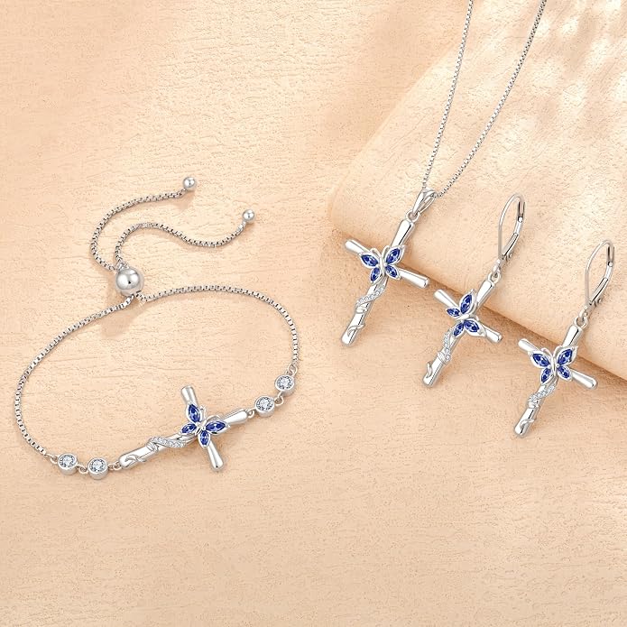 Cross Necklace for Women 925 Sterling Silver Butterfly Necklace Birthstone Pendant Created Gemstone Jewelry Gifts for Women