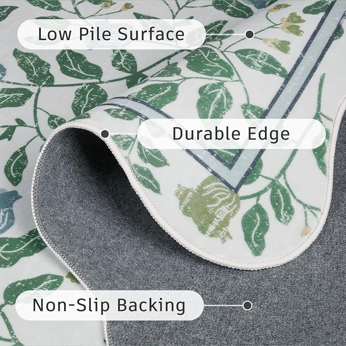 DCX Washable Botanical Floral Rug 3x5, Blue and Green Scalloped Rug, Non Slip Low Pile Carpet for Bedroom, Living Room, Kid & Pet Friendly