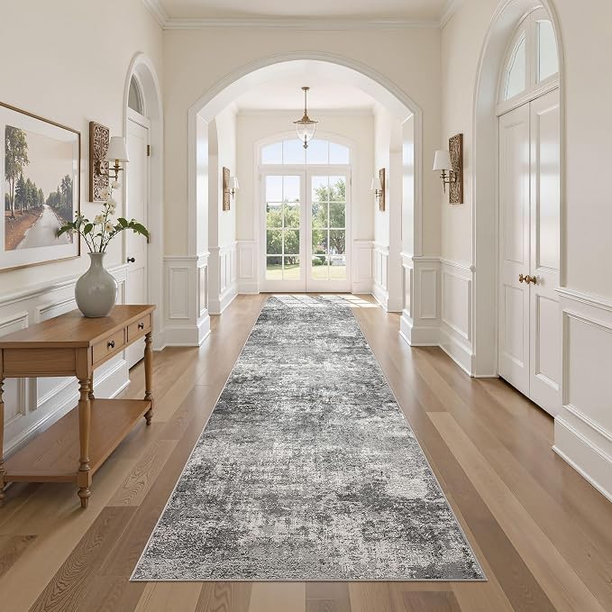 DMOYEST 3x12 Washable Runner Rug, Non Slip Low Pile Carpet Runner for Hallway and Entryway, Kid & Pet Friendly Abstract Modern Area Rug for Kitchen and Dining Room - Grey