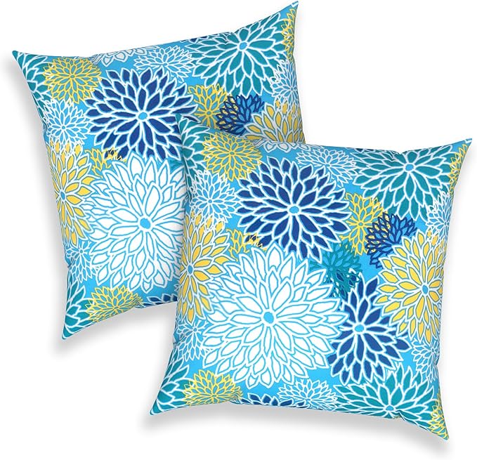 Outdoor Throw Pillows 16x16 Inch, Water Repellent Patio Pillows with Inners Set of 2 for Patio Furniture Home Garden, Dahlia Blue