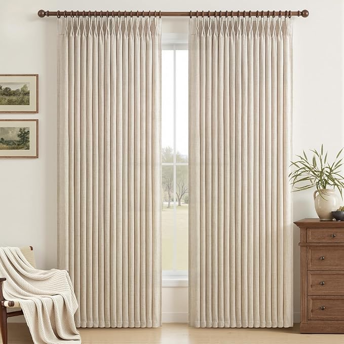 Natural Pinch Pleated Bedroom Curtains 90 Inches Long 2 Panels Set, Memory Trained Light Filtering Privacy Semi Sheer Viral Drapes Thick Linen Textured Curtain for Nursery/Kids Room Windows Burg Decor