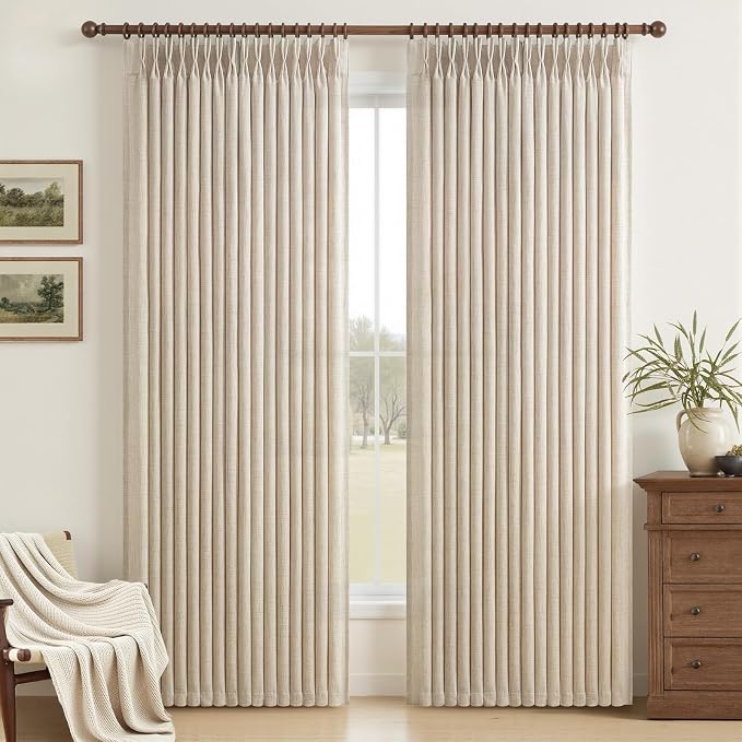 Extra Long 102 Inch Thick Natural Linen Curtains 2 Panels Set for Office, Memory Shape Pinch Pleated Semi Sheer Classroom Floor to Ceiling Curtain Light Filtering Privacy Elegant Drapes Windows Decor