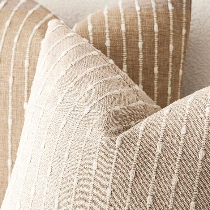 Foindtower Pack of 2 Decorative Jacquard Boucle Throw Pillow Covers Accent Textured Striped Pillowcases Cozy Modern Cushion for Couch Sofa Bedroom Living Room Home Decor 18x18 Inch Natural Beige