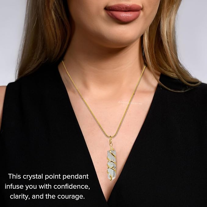 Amazing Gemstone Clear Quartz Crystal Necklace Pendant For Women, Gold Wire Wrapped Dainty Minimalist Healing Crystal Necklaces For Men Kids Unisex Necklace Jewelry With 20 Inches Adjustable Chain & Leather Cord