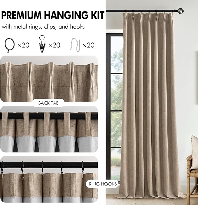 MIULEE Copper Brown Pinch Pleated 100% Blackout Linen Curtains 96 Inch Length 2 Panels Set, Black Out Memory Trained Pleat Curtains Light Blocking Room Darkening Drapes for Bedroom Living Room Window