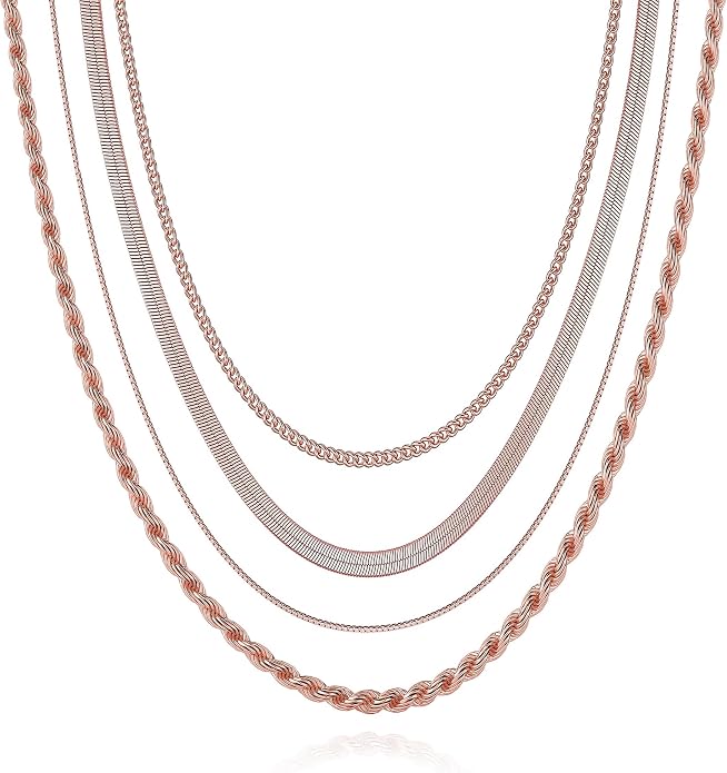 Tewiky Layered Necklaces for Women Non Tarnish- Chunky 14k Gold Plated Herringbone/Snake/Rope/Box/Cuban Link Chain for Women Waterproof Layering Stack Choker Necklace Trendy Dainty Tarnish Free Jewelry Set
