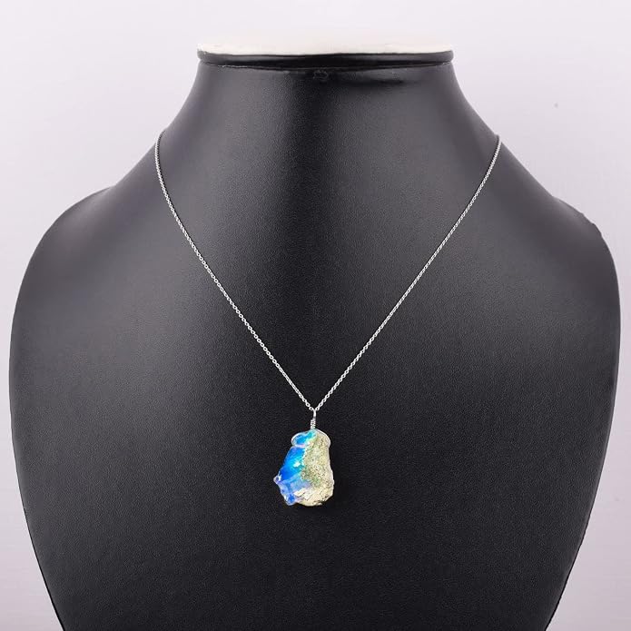 Raw Ethiopian Fir Opal Pendant Necklace for Women, Dainty Pendant, Handmade October Birthstone, Hypoallergenic Spiritual Healing Stone 925 Sterling Silver Chain 20" Birthday Gifts