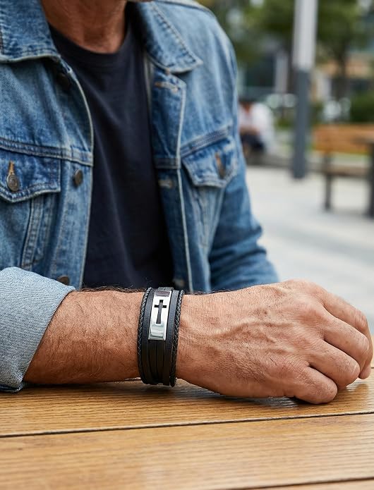 Mens Leather Cross Bracelet Multilayer Braided Wristband Bangle Bracelets with Stainless Steel Buckle Religious Gift for Men Brown/Black/Blue–8.3 inch