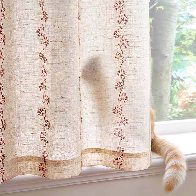 Lazzzy Cathy Linen Floral Curtains 63 inch Length for Kitchen Cute Privacy Curtains for Kids Room Rod Pocket Back Tab Light Filtering Drapes Farmhouse Cottagecore Decor 50"x63" Terracotta on Linen