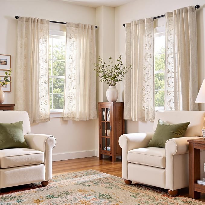 jinchan Floral Linen Curtains 63 Inch Farmhouse Back Tab 4 Panels Ivory | Embroidered curtains,boho curtains,living room,bedroom,light filtering,privacy,flower patterned drapes,window treatment