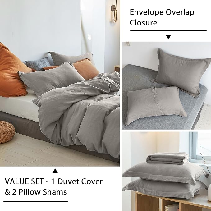 Simple&Opulence 100% Linen Duvet Cover Set 3pcs Basic Style Natural French Washed Flax Solid Color Soft Breathable Farmhouse Bedding with Button Closure - Dove Grey, King