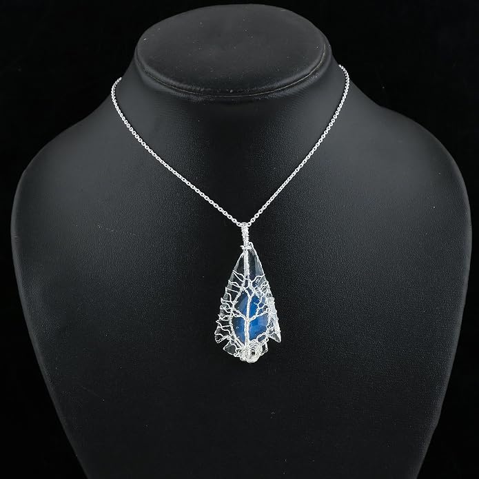 Silver Plated Wire Wrapped Pendant Necklace, Sea Glass Stones, Handmade Jewelry, Healing Crystals, Hammered Pendant, Birthday Gift for Women, Adjustable Chain 16+2inch