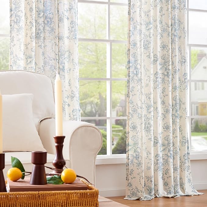 jinchan Blue Floral Linen Curtains 84 Inch Vintage Back Tab 2 Panels | Light filtering drapes, semi sheer, farmhouse, cottagecore, rustic, living room, bedroom, rod pocket, window treatment