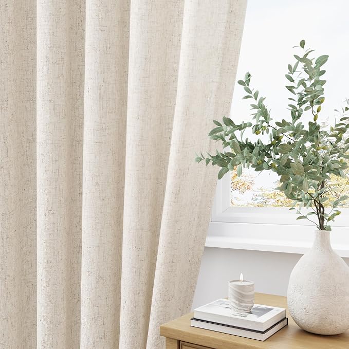 Aersas Natural Pinch Pleat Linen Curtains 122 Inch Length 2 Panels Set for Bedroom Dining Room Semi Sheer Linen Boho Farmhouse Neutral Window Curtains for Living Room Nursery Natural Cream 50x122