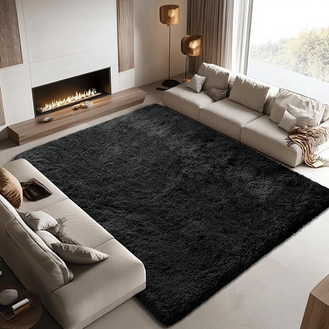 Area Rugs 9x12 Living Room,Large Area Rug Shaggy Carpet Soft Plush Furry Bedside Rug, Machine Washable Area Rugs for Bedroom Home Decor Non-Slip(9 x 12, Black)