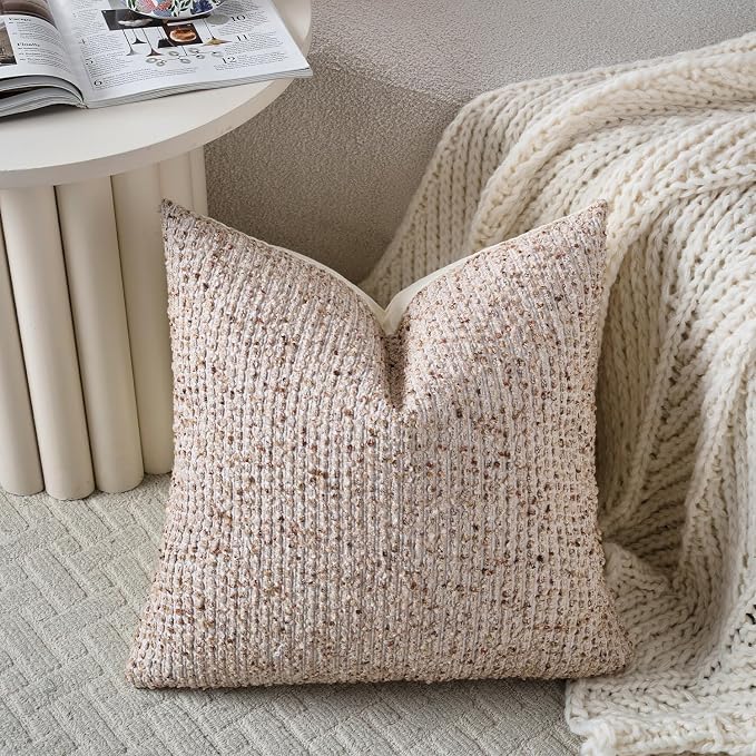 DEZENE Striped Throw Pillow Covers 24x24 Set of 2 Beige Textured Boucle Chic Morden Boho Accent Farmhouse Square Decorative Couch Pillow Covers for Home Decor Bed Sofa Living Room
