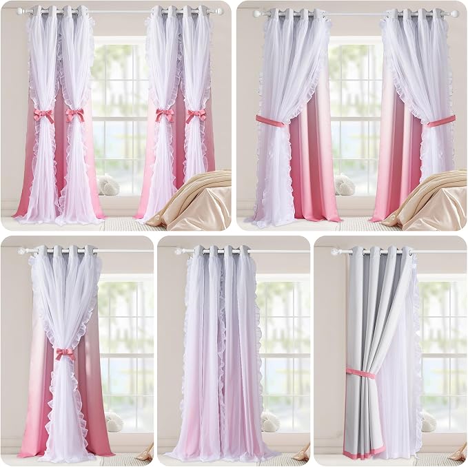 PONY DANCE Ruffle Curtains Double Layers Sheer Overlay Shabby Chic Decoration for Bedroom/Nusery, Gradient Window Covering with Tiebacks, 52" Wide x 84" Long, Ombre-Pink, 2 Panels
