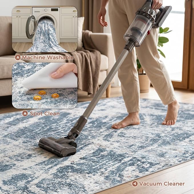 DMOYEST 7x9 Washable Area Rug: Abstract Modern Non-Slip Carpet, Soft Low Pile Indoor Neutral Easy Clean Floor Rugs for Living Room Bedroom Dining Room Kids & Pets - Blue