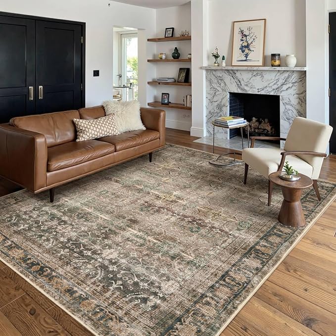 Rugxara Brown Area Rugs 5x7 Washable Rug for Living Room Bedroom | Non Slip, Rug for Dining Room Office Farmhouse Dorm, Stain Resistant, Soft, Vintage Boho Retro Carpet, Low Pile, Home Decor