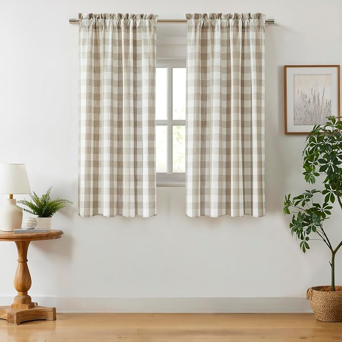Beige White Buffalo Plaid Semi Sheer Curtains 72 Inch Rod Pocket | Tan Farmhouse Gingham Checkered Drapes,Textured Light Filtering Window Treatment for Bedroom Living Room,40"Wx72"Lx2