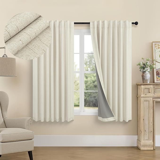 Short Linen Blackout Curtains for Bay Windows 48 Inch Length Bedroom Living Room Bathroom Heat Light Blocking Cute Curtains 48 Inches Long 2 Panels Set Burlap Drapes 52x48 Back Tab & Rod Pocket Beige
