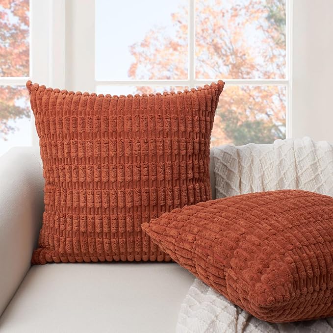Softalker Orange Throw Pillow Covers 18x18 Set of 2, Soft Corduroy Plush Decorative Square Cushion Cases for Living Room Couch Sofa, Rustic Farmhouse Boho Home Decor