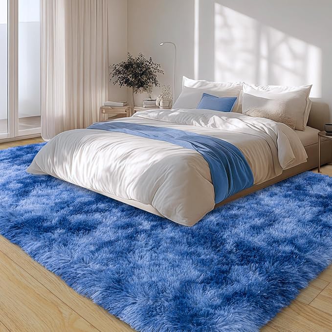 9x12 Large Area Rugs for Living Room, Tie-Dyed Blue Fluffy Shag Rug | Shaggy Shag Carpet, Soft and Comfy, Non Slip Big Fuzzy Carpet for Bedroom Nursery Kids Girls Boys Room Dorm Home Decor
