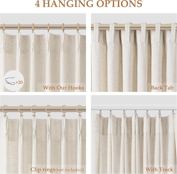 Extra Long Linen Curtains 108 Inch for Living Room Cream Pinch Pleated 9 FT Drapes Semi Sheer Ceiling to Floor Curtain for Bedroom Back Tab Flax Neutral Boho Decor Window, Natural Beige Ivory 2 Panels