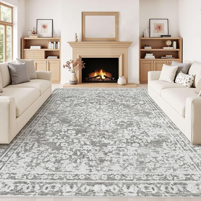 Vintage Living Room Area Rug - 9x12 Large Machine Washable Boho Area Rug Distressed Floral Rugs for Bedroom, Soft Non-Slip Indoor Floor Accent Rugs for Office Dining Room (Floral Grey, 9'x12')