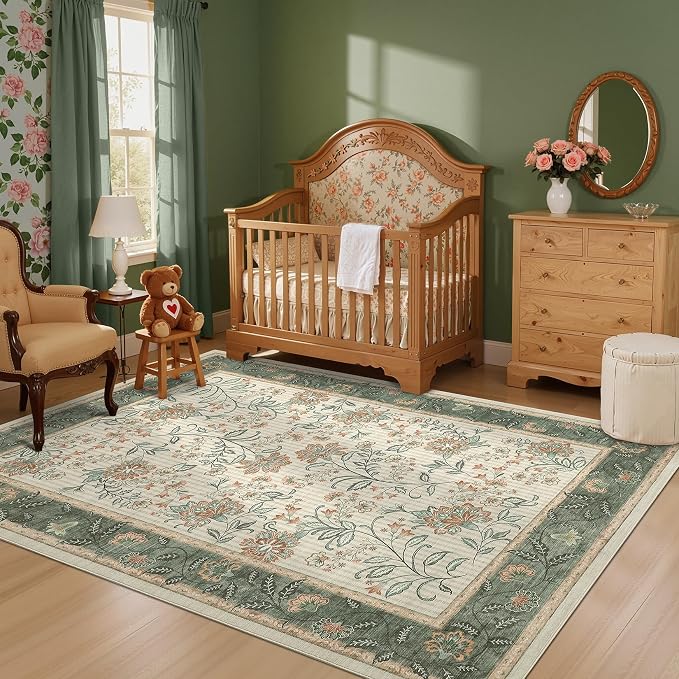 GarveeHome 4x6 Sage Green Washable Area Rug for Nursery Room, French Country Floral Bedroom Rug Non Slip Low Pile Carpet Stain Resistant Throw Rug for Bedside Kids Room Office Dining Room