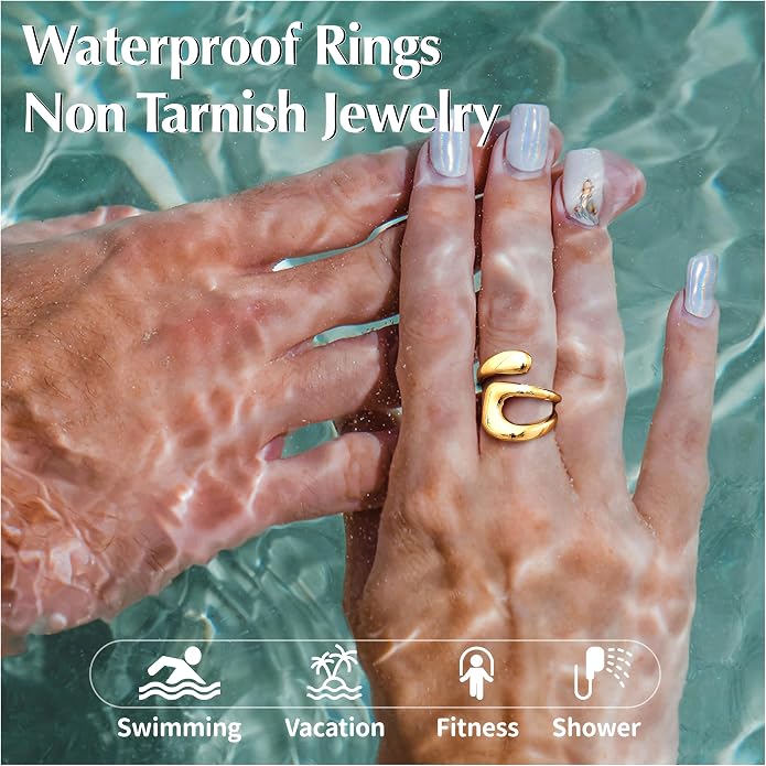 Gelbesty Waterproof Gold Statement Rings for Women, 14K Gold Plated Chunky Open Stackable Rings Non Tarnish Fashion Adjustable Stainless Steel Pinky Knuckle Signet Vintage Ring Jewelry Size 5-11