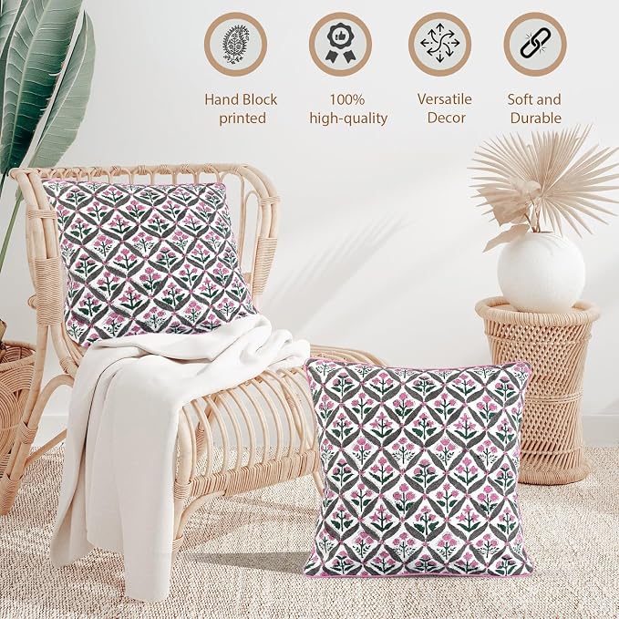 Ridhi Block Print Pink and White Pillow Cover 20" x 20" (Pack of 2) Decorative Couch Pillows for Living Room, Chic Boho Cute Outdoor Pillows Covers Gifts for Spring, Easter and Valentine