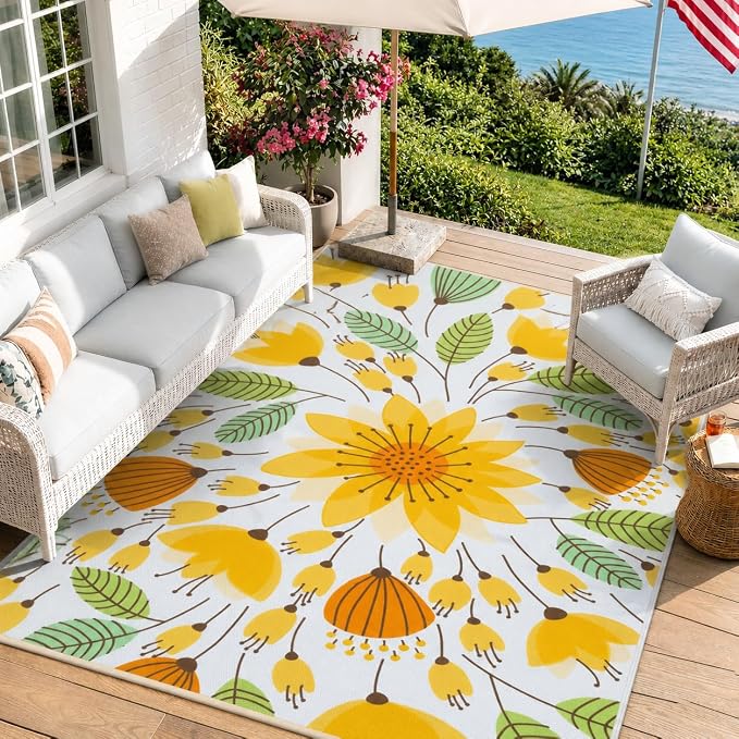 Lahome Floral Indoor Outdoor Rug, 6x9ft Non Slip Outdoor Patio Rug for Backyard Picnic, Soft Large Outdoor Camping Rugs for Balcony Deck, Washable RV Outdoor Rugs for Living Room Bedroom,Yellow