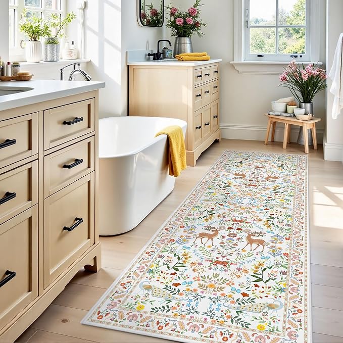 White Floral 2'6"x8' Washable Non Slip Runner Rugs for Hallways, Non Skid Stain Resistant Rug Runners for Kitchen, Entryway, Mudroom - Cottagecore Home Decor