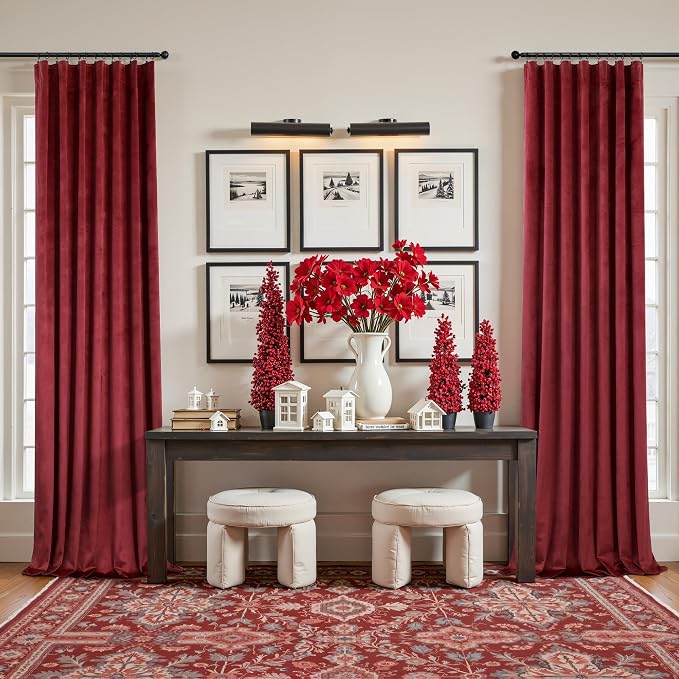 Dark Red Velvet Curtains 96 Inches Long 2 Panels for Living Room Darkening Thermal Soundproof Thick Heavy Solid Textured Drapes for Master Bedroom Patio Door Doorway Room Dividers Decoration Burgundy