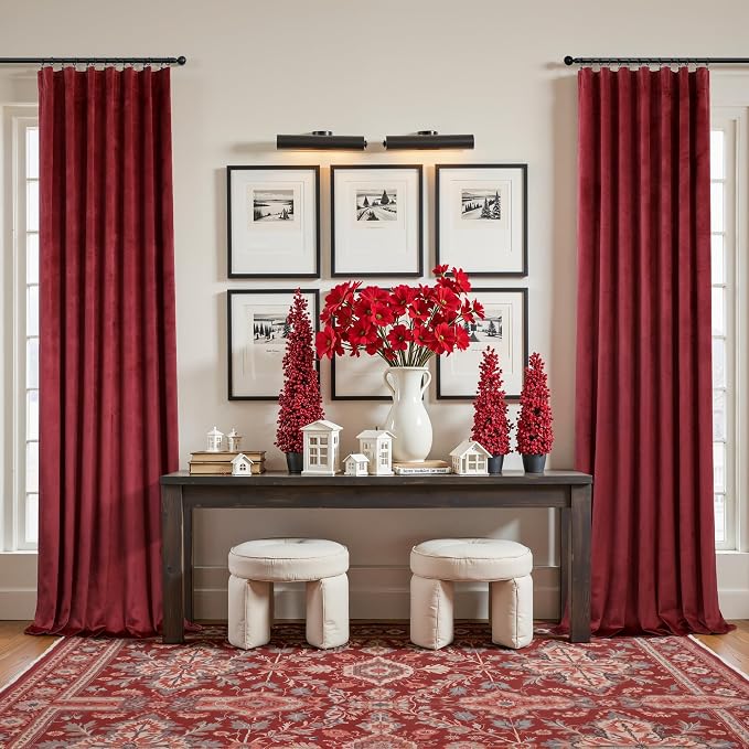 Burgundy Red Velvet Curtains 108 Inches Extra Long 2 Panels Set Back Tab Rod Pocket Soft Privacy Elegant Party Wall Backdrop Drape for Living Room Darkening Kids Bedroom Large Window Mid Century Decor
