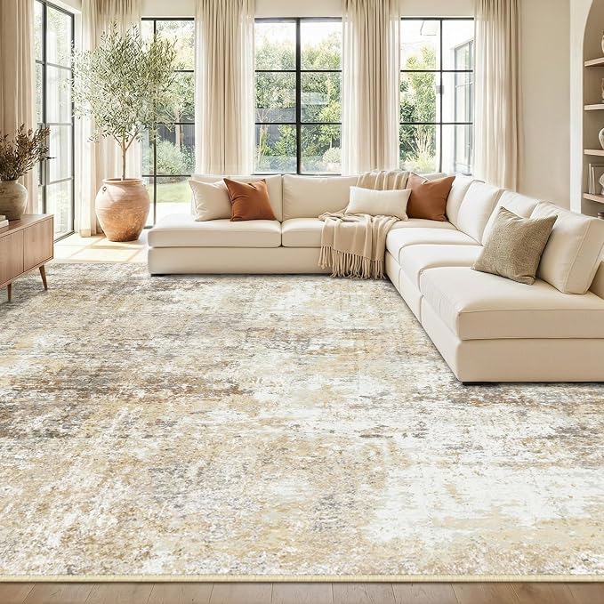RELEANY Washable Area Rugs 9'x12' Non-Slip Modern Abstract Soft for Living Room Entryway Bedroom Kitchen, Print Pattern, Neutral Brown Gray