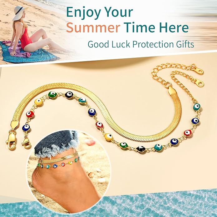Supcare Evil Eye Anklets for Women,Cuban/Figaro/Mariner/Snake Chain Layered Ankle Bracelet Gifts (with Gift Packing)