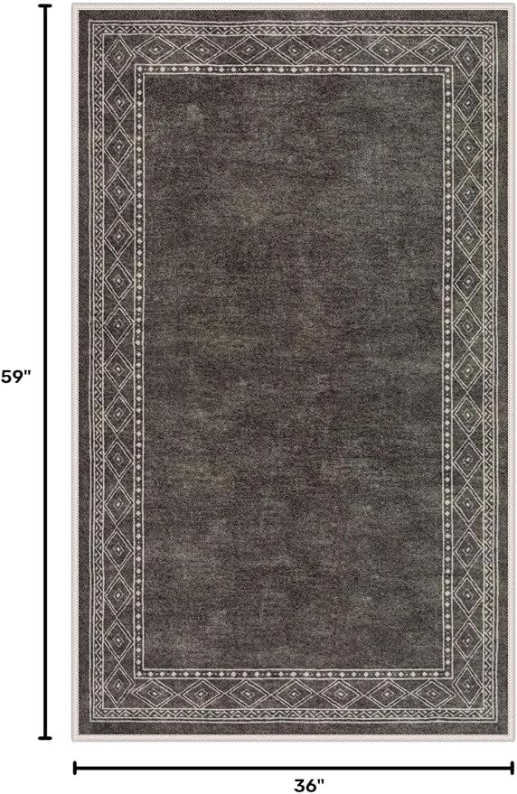 Lahome Modern Bordered Machine Washable Rug, Ultra-Thin Soft 3x5 Rugs for Entryway Bedroom, Non-Slip Stain Resistant Small Carpet for Laundry Entry（3'x 5',Brown