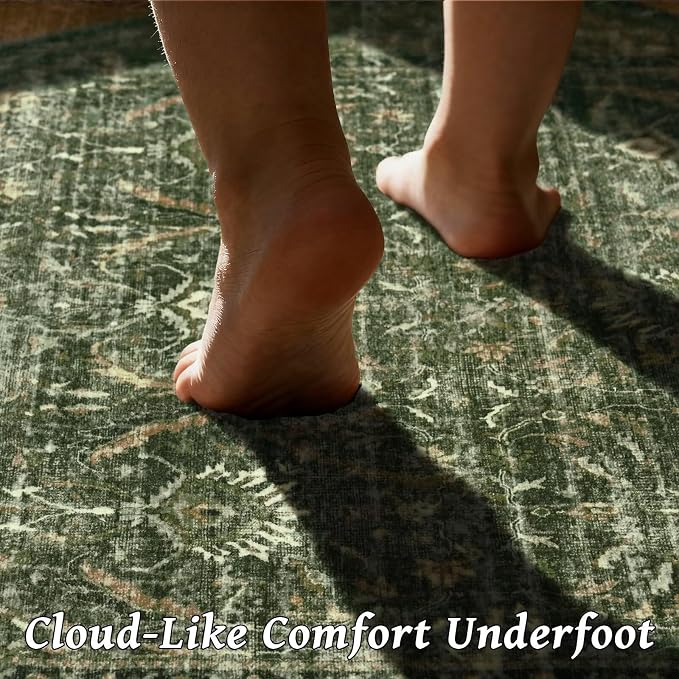 Boho Washable 8x10 Area Rugs for Living Room, Cushioned, Grass Green | Vintage Non-slip Neutral Oriental Rugs for Bedroom Dining Room Nursery Office High Traffic Area