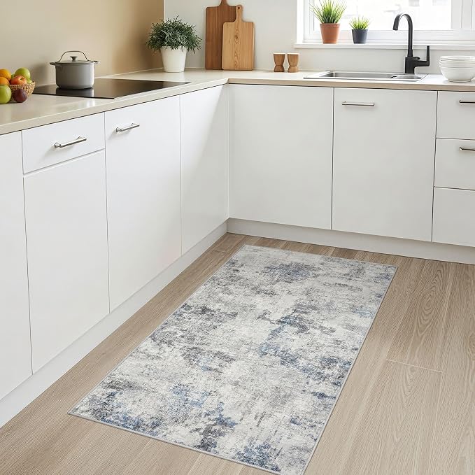 DMOYEST 3x5 Area Rug - Washable & Non Slip Living Room Rug, Ultra Soft Abstract Low Pile Carpet, Kid & Pet Friendly Modern Decor for Bedroom and Home Office - Grey Blue
